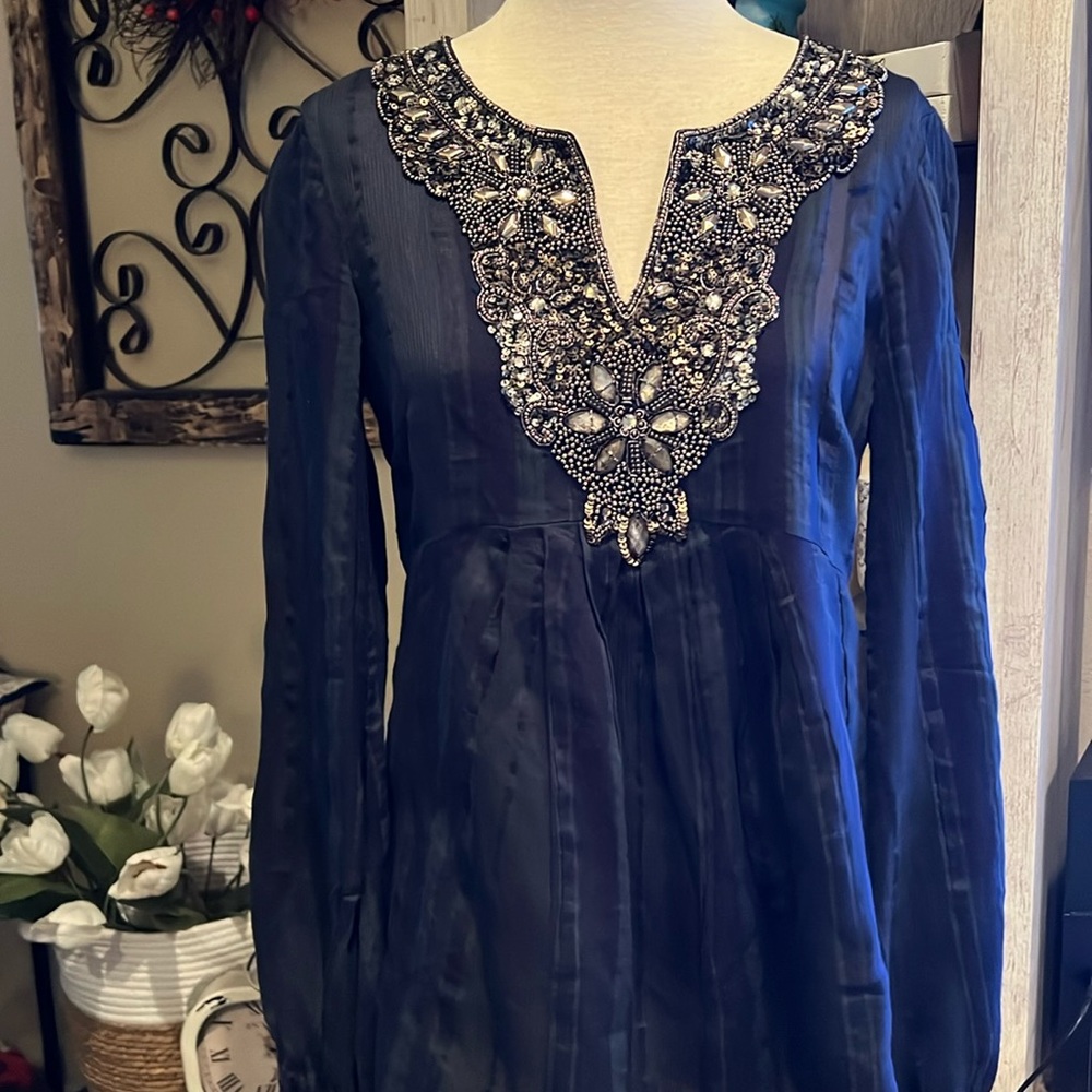 LAFAYETTE 148 NEW YORK EMBELLISHED BLOUSE size 4 cotton, linen, silk blend